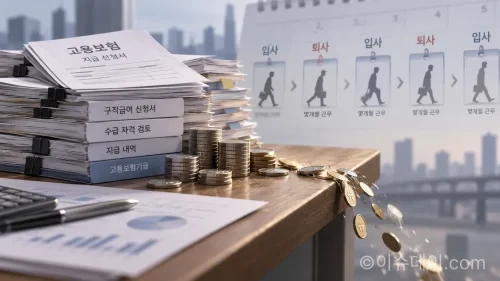 실업급여 반복수급과 부정수급으로 인한 기금 누수를 상징하는 뉴스형 콘셉트 이미지