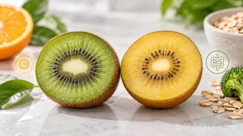 반으로 자른 그린키위와 골드키위를 나란히 배치한 실사형 클로즈업 이미지