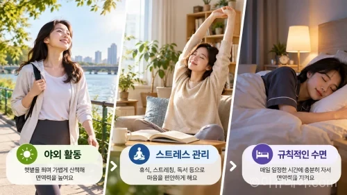 면역력 관리를 위한 생활 습관을 보여주는 밝은 실사형 이미지