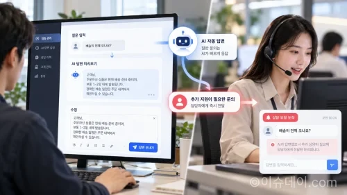 관리자 화면에서 AI 상담 답변을 미리 확인하고 수정하는 장면과, 필요 시 사람 상담원으로 연결되는 흐름을 함께 보여주는 모던한 실사형 이미지