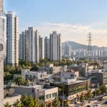 아파트·상가가 함께 보이는 도심 전경과 전력량계 또는 송전 인프라를 자연스럽게 배치한 실사형