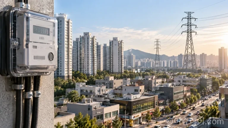아파트·상가가 함께 보이는 도심 전경과 전력량계 또는 송전 인프라를 자연스럽게 배치한 실사형