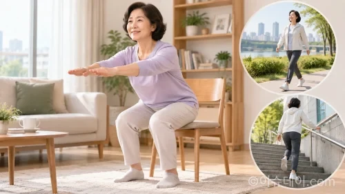 한국인 중년 성인이 밝은 실내에서 스쿼트나 의자에서 앉았다 일어나는 하체 근력 운동을 하는 실사형 생활건강 이미지