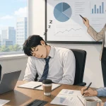 회의 중 책상에 엎드려 조는 사람의 모습