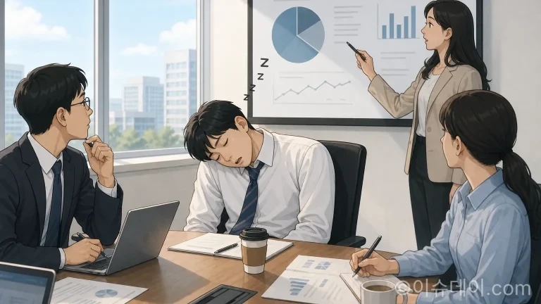 회의 중 책상에 엎드려 조는 사람의 모습