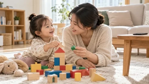 한국인 보호자와 2~5세 아이가 스마트폰 대신 그림책을 함께 읽거나 블록 놀이를 하는 모습