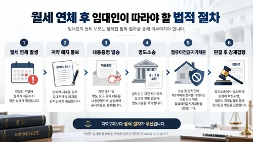 월세 연체 이후 임대인이 따라야 할 법적 절차를 보여주는 모던한 법률 인포그래픽