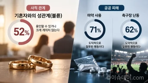 영국 성인의 도덕적 인식 차이를 보여주는 뉴스형 인포그래픽