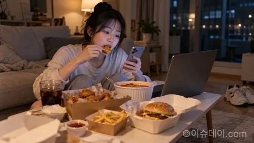한국인 20~30대 성인이 늦은 저녁 집에서 배달음식을 먹으며 스마트폰이나 노트북을 사용하는 모습을 담은 실사형 생활건강 이미지
