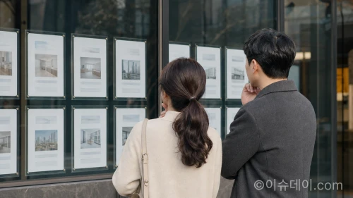 부동산 중개업소 앞에서 매물을 살피는 시민들