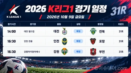 2026년 10월 9일 K리그1 31R 대전 전북 인천 포항 강원 부천 경기 일정