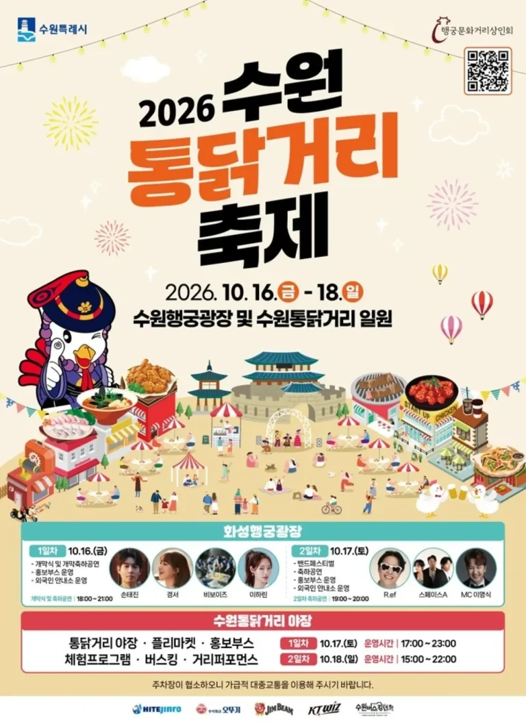 2026 수원 통닭거리 축제가 열리는 화성행궁 광장과 통닭거리 모습