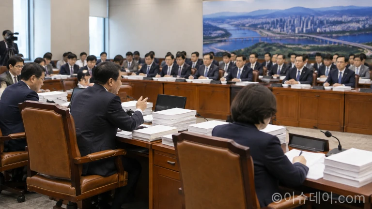 감사 자료가 놓인 책상과 국정감사를 진행 중인 위원회 회의실 모습
