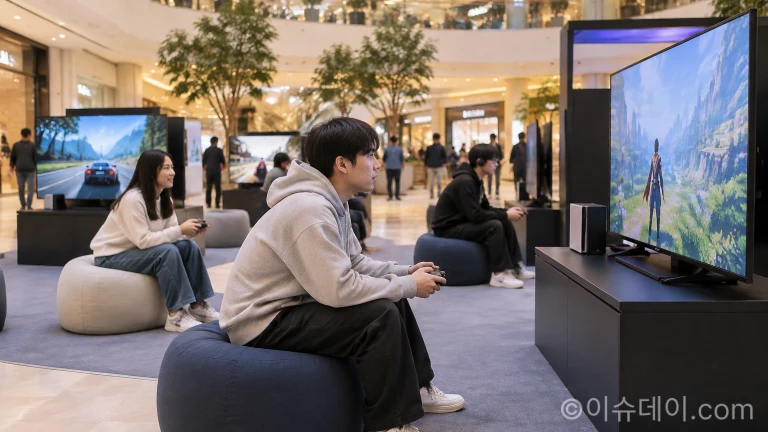 쇼핑몰 실내 체험존에서 콘솔 게임을 체험하고 있는 방문객들