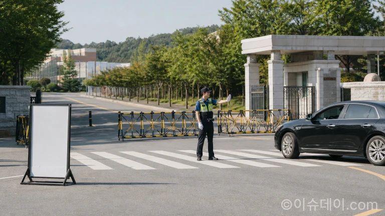 경찰관이 수능 시험장 주변 도로의 차량 출입을 통제하고 있는 모습.