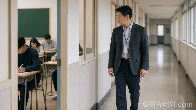 시험 감독관이 수능 시험장에서 수험생들을 감독하고 있다.