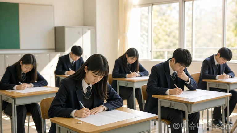 수능 시험장에서 수험생들이 진지한 표정으로 시험에 응시하고 있다.