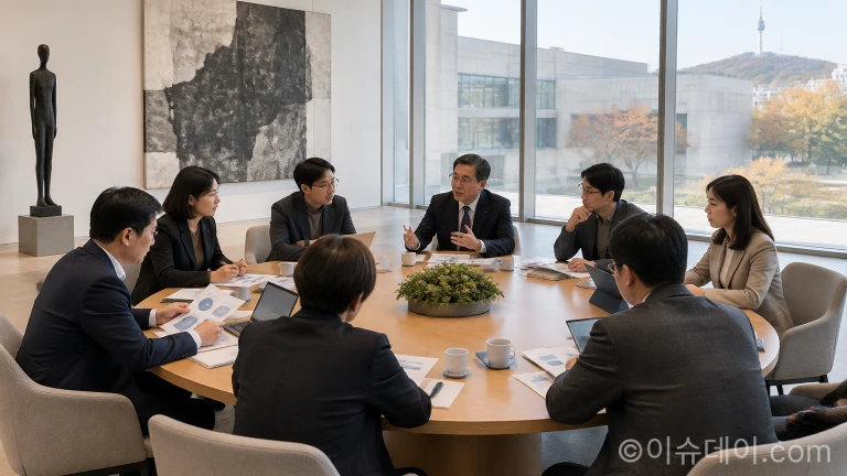 2027년 게임 예산안 지원 방향을 논의하기 위해 회의실에 모인 정부 관계자들과 게임 분과 자문위원들