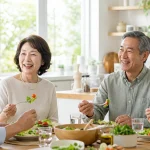 활기찬 액티브 시니어들이 모여 건강한 식사를 즐기는 모습