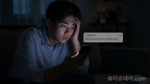 늦은 밤 스마트폰으로 퇴근 후 업무 연락을 확인하며 스트레스받는 직장인