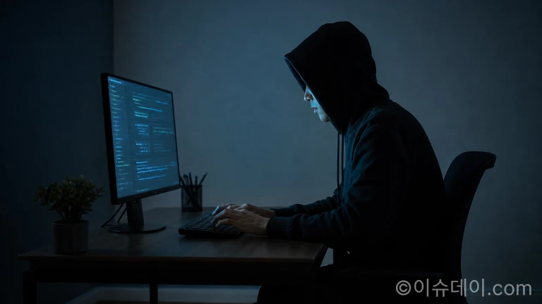 AI 성범죄 경찰 사건과 관련해 현직 경찰관이 텔레그램 위장수사를 통해 검거된 가운데, 어두운 방에서 컴퓨터로 작업하는 인물의 뒷모습