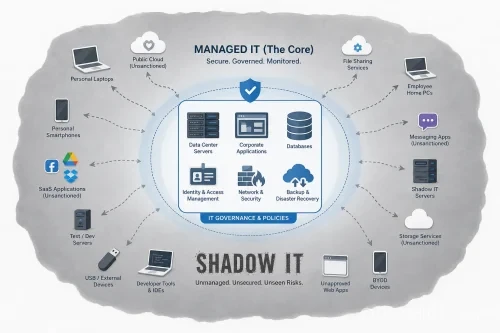 기업의 공식 관리망 밖에 존재하는 Shadow IT의 개념도