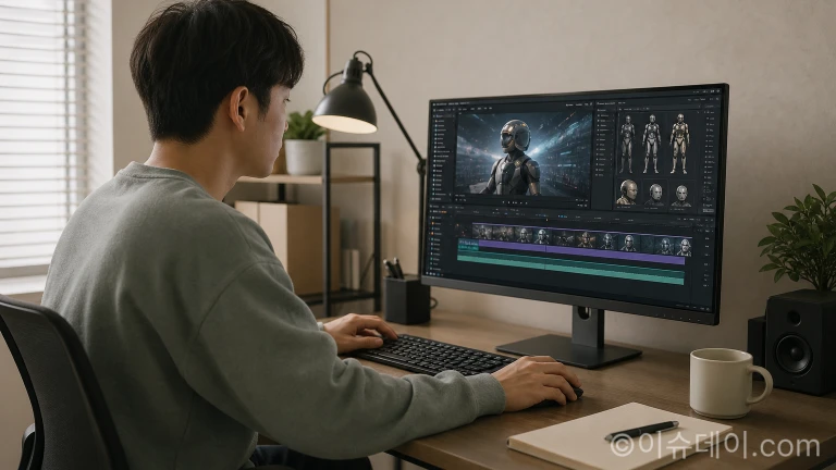 컴퓨터 앞에서 AI 영상 편집 프로그램을 이용해 드라마를 제작하는 모습