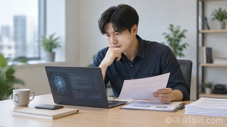 사무실에서 컴퓨터 화면 속 인공지능 소프트웨어를 확인하는 직장인의 모습