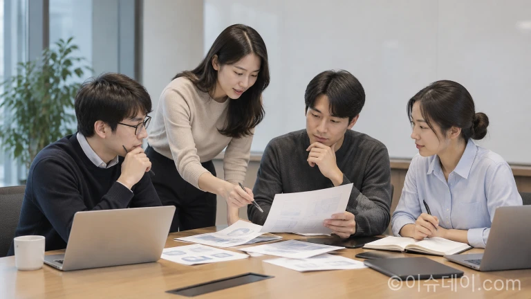 회의실에서 예산 평가 기준 자료를 검토하는 전문가 연구진