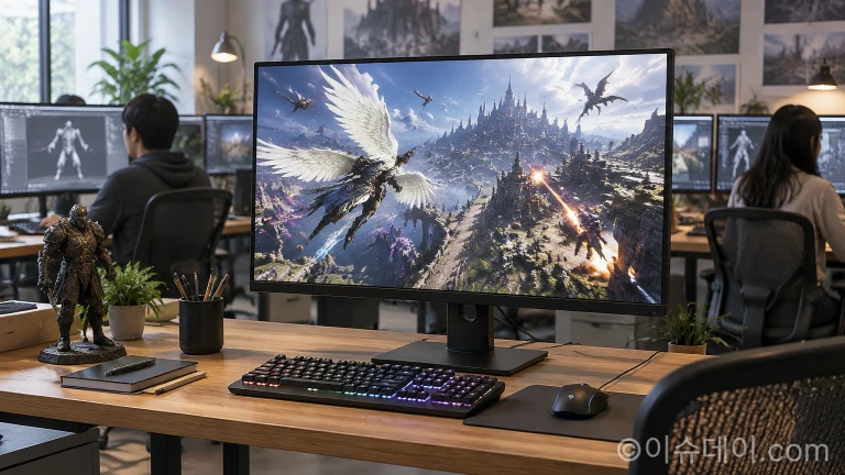 모니터 화면에 판타지 MMORPG 전장이 표시된 컴퓨터 책상 환경