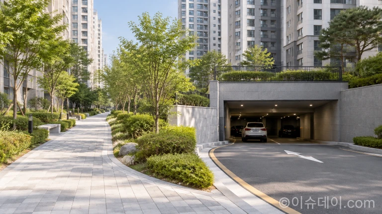 아파트 단지 내 지상 도로 및 지하 주차장 진입로
