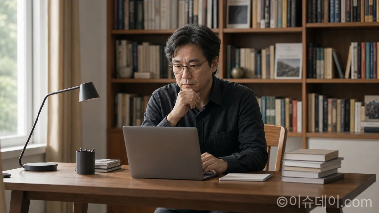 컴퓨터 화면을 보며 고뇌하는 작가의 모습