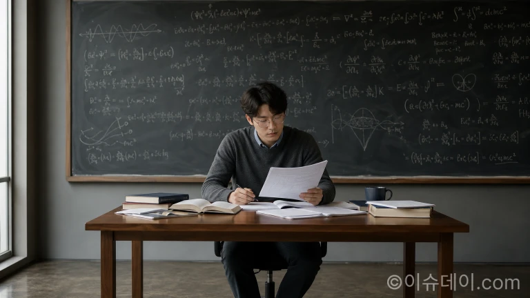 비평형 열역학 연구 공식과 그래프가 칠판에 상세히 적힌 물리학 연구실 내부 풍경