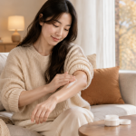 가을철 건조해진 팔뚝 부위에 보습제를 바르는 사람의 손길
