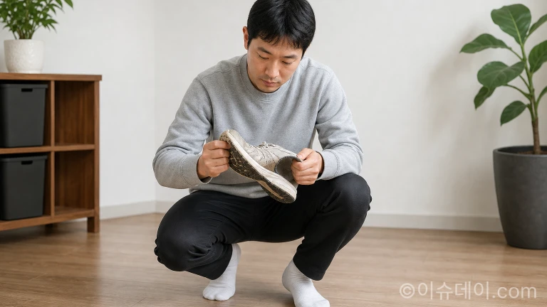 한 사람이 손으로 낡은 운동화의 밑창을 구부리며 마모 상태를 확인하고 있다.