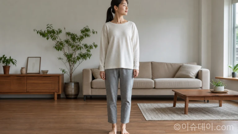 딱딱한 실내 바닥에 맨발로 서 있는 사람의 발