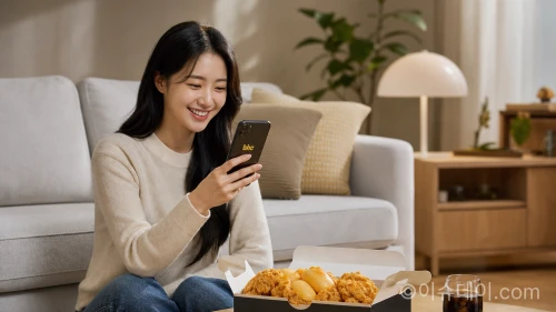 스마트폰 앱으로 치킨을 주문하며 즐거워하는 소비자