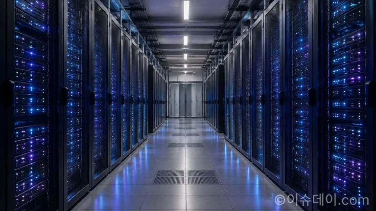 고성능 AI 모델 학습과 에이전트 연산 처리가 이루어지는 대규모 데이터센터 서버 랙 전경