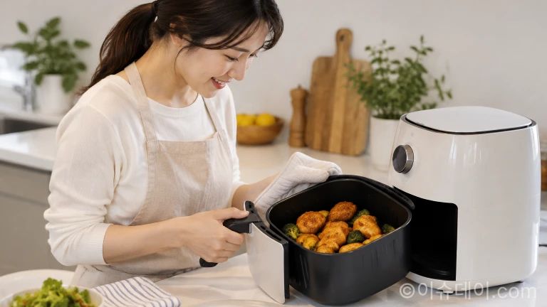 에어프라이어 바스켓에서 완성된 간편식 요리를 확인하는 손길