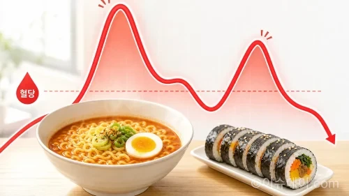 라면과 김밥 위로 겹쳐진 혈당 스파이크 그래프