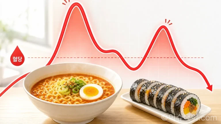 라면과 김밥 위로 겹쳐진 혈당 스파이크 그래프