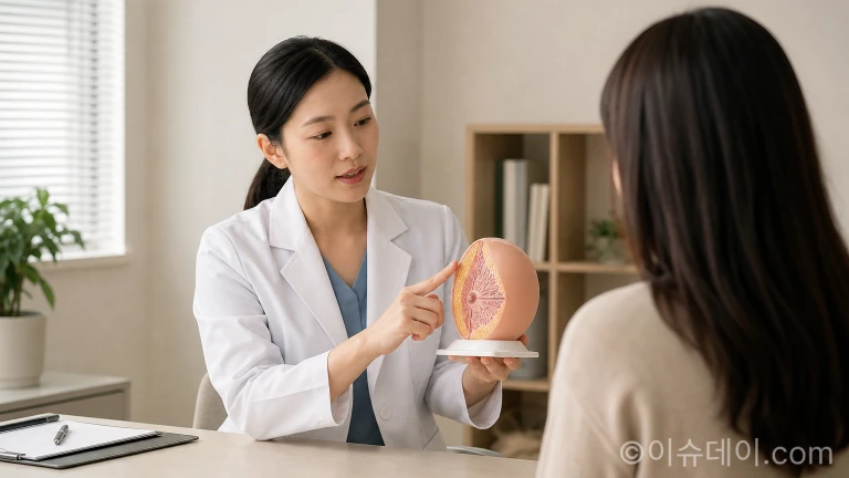 의사에게 유방 피부 변화에 대해 상담받는 모습