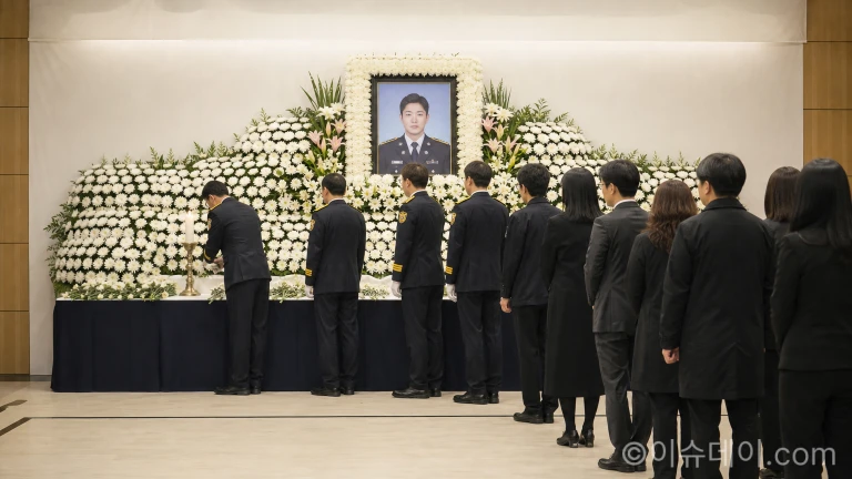 순직 소방관의 빈소에서 조문객들이 헌화를 하며 추모하고 있다.