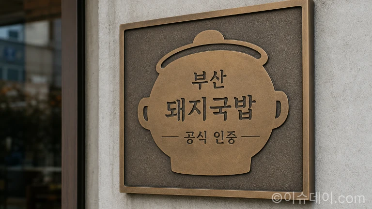 별 대신 뚝배기 문양이 새겨진 부산시 공식 인증 기념 현판