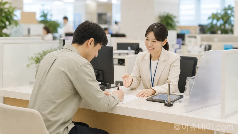 한 민원인이 구청 창구에서 통합 신청 서류를 작성하고 있다.