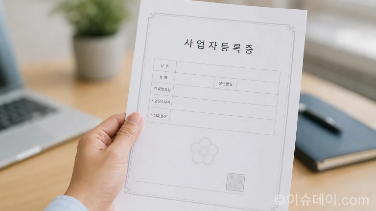새로 발급된 사업자등록증을 들고 있는 손 클로즈업.