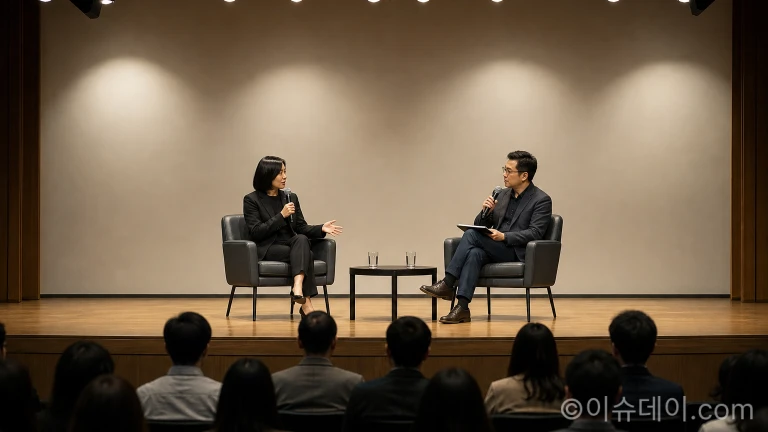 컨퍼런스 무대 위에서 대담을 나누는 개발진과 연출가의 모습