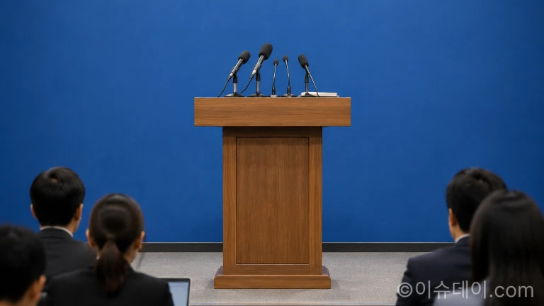 기자회견이 준비된 브리핑 룸 단상과 정돈된 마이크