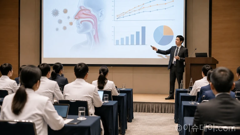 의학 학술대회 회의장에서 임상 연구 결과를 발표하는 연사의 모습