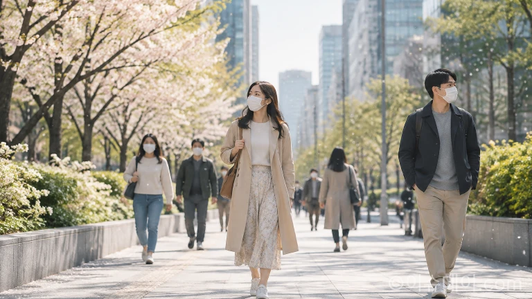 봄철 꽃가루 알레르기 시즌에 마스크를 착용하고 거리를 걷는 행인들의 모습
